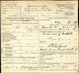 Pennsylvania Death Certificate for Ferdinand Berry