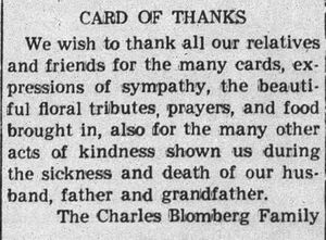 Charles Blomberg, Charles Edward Blomberg Card of Thanks, 72 (18 May 1893-9 Mar 1966)
