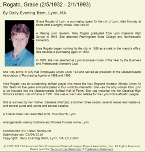 Grace's Obituary found on the All American Girls Professional Baseball League's website at aagpbl.org