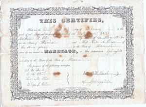 Original Certificate of Marriage  Silas W. Olin and Alice Amelia Chase  28 February 1867