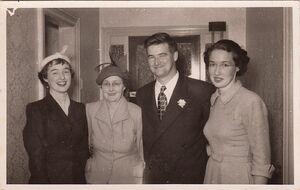 Phillip Saunderson's wedding day to Peggy (nee Love). Left to Right as you see it: Helen (youngest child), Molly (mother), Phillip (eldest child and groom), June (middle child).