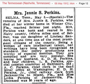 Obituary of Mrs. Jennie S. Perkins