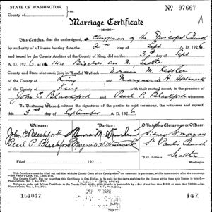 Marriage Cerificate for Norman M Kessler and Marguerite H. Hostmark