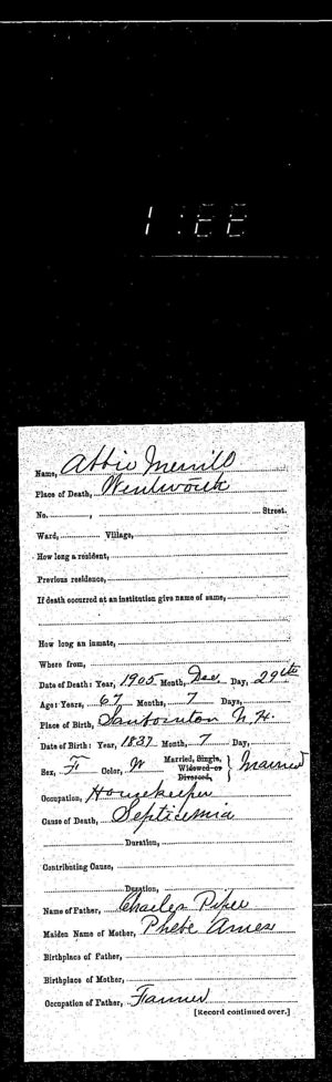 1905: Abby (Piper) Merrill death certificate