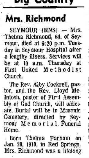 Obituary for Thelma Virginia (Parham) Richmond.