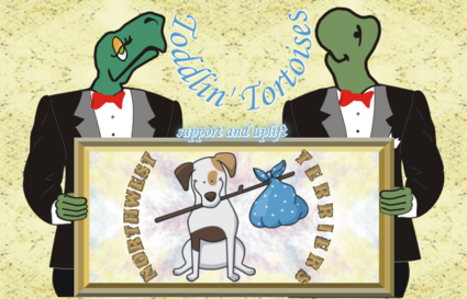 Two tortoises, Hertyl and Spertyl, dressed in their spiffy Connect-a-Thon Tuxedo coats, are holding a large picture frame containing an image of a Jack Russell Terrier with a bindle stick in its mouth.  At the other end of the bindle stick is a blue blue kerchief with white polka dots.