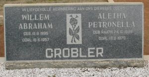 Headstone: Willem Abraham Grobler. 1895 - 1957 & Aletha Petronella Raath. 1898 - 1970