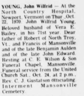Death Notice, John Young, Sherbrooke Record, 23 Oct 1970
