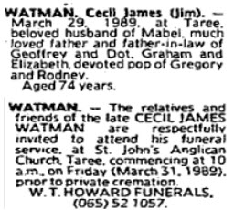 Cecil James JIM Watman Death and Funeral Notices