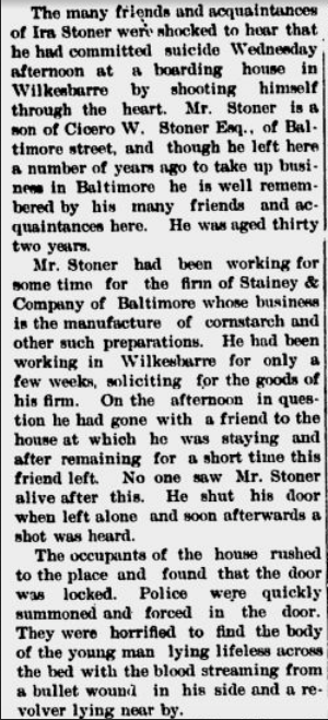 Ira Stone suicide article 1876 - 1908