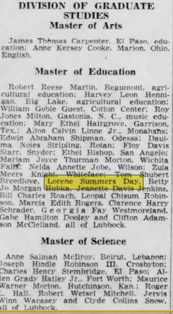 Lorene Summers Day, Master of Education (clipping from Lubbock Evening Journal)