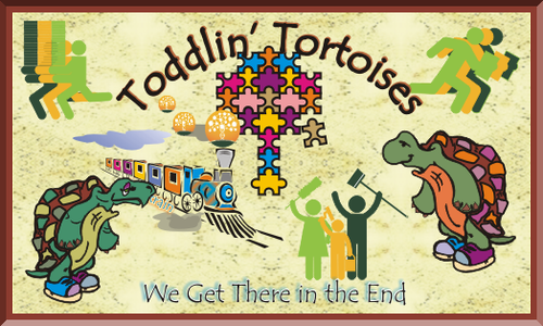 Two tortoises, Hertyl and Spertyl, both wearing multi-coloured running shoes, are surrounded by icons representing particular "events".  In the upper left corner is the Scan-a-Thon icon (3 bodies running with piles of scanned documents), in the upper right is the Source-a-Thon icon (3 bodies running with file folders).  In the upper center is a multi-coloured puzzle tree, representing the Connect-a-Thon, while below it and to the right is the Clean-a-Thon icon (three bodies with cleaning implements (bucket and paint roller, duster, and broom)).  To the lower left of the puzzle tree is a slow-moving steam train, representative of the Tortoises working slowly and thoroughly.  (The puffs of "smoke" issuing from its stack are actually the WikiTree DNA helix tree logo, and barely seen along the wheels of the train carriages are the words "slow train".)  Curving above the jigsaw puzzle tree are the words "Toddlin' Tortoises", while beneath the whole is the phrase "we get there in the end".