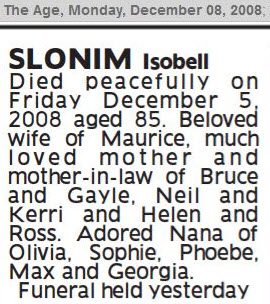 Isobell (Poole) Slonim Death Notice