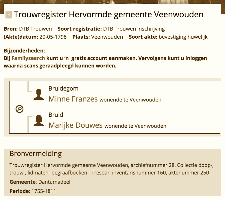 Minne Franses Venema & Marijke Douwes Postma ⚭ zijn getrouwd op zo 20 mei 1798 te Veenwouden