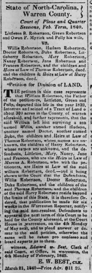 Newspaper article about William Robertson's Estate Court Battle--February 1840