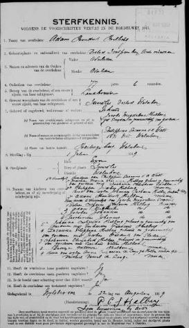 Adam Hendrik Helberg - death certificate with childrens names