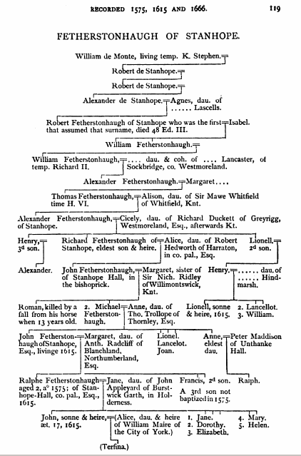 She's not in the pedigree for  "Featherstonhaugh of Stanhope, co. Durham," in Vis. of Durham, 1575, 1615 & 1666.
