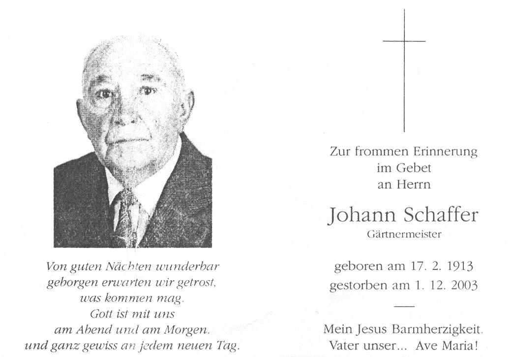 Totenzettel für Johann Schaffer