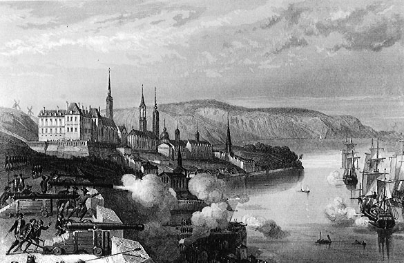 The batteries of Quebec City bombard the English fleet during the Battle of Quebec in 1690.