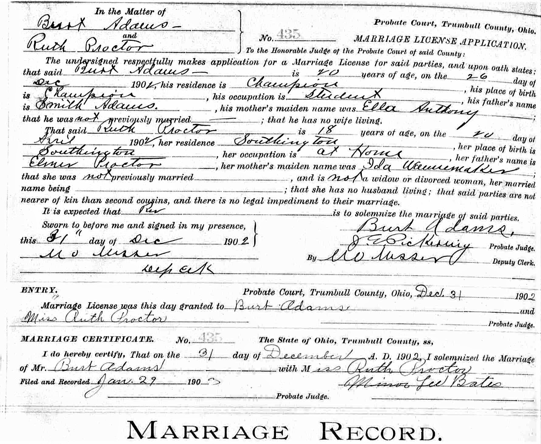 Ruth and Bert's marriage record