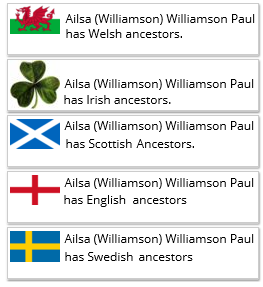 Has: Welsh Ancestors, Irish Ancestors, Scottish Ancestors, English Ancestors, Swedish Ancestors, .