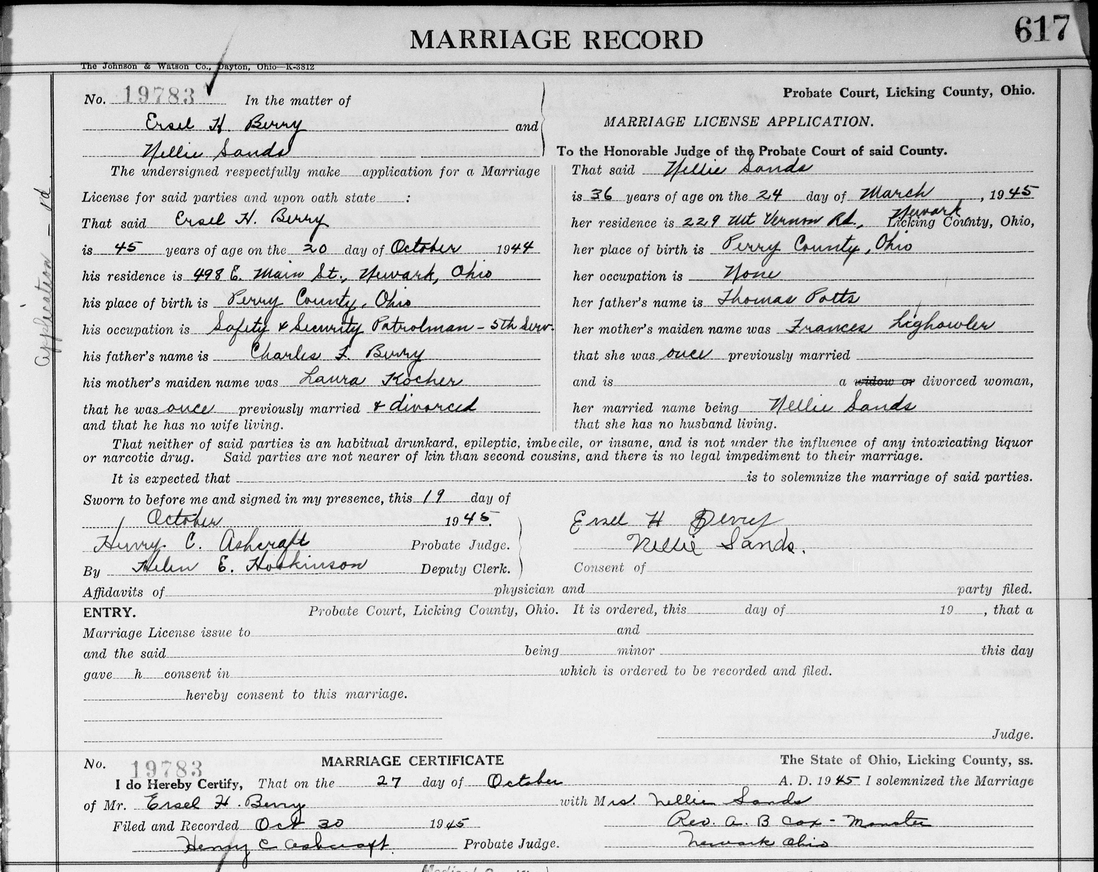 Ersel H. Berry to Nellie Sands' Marriage License.