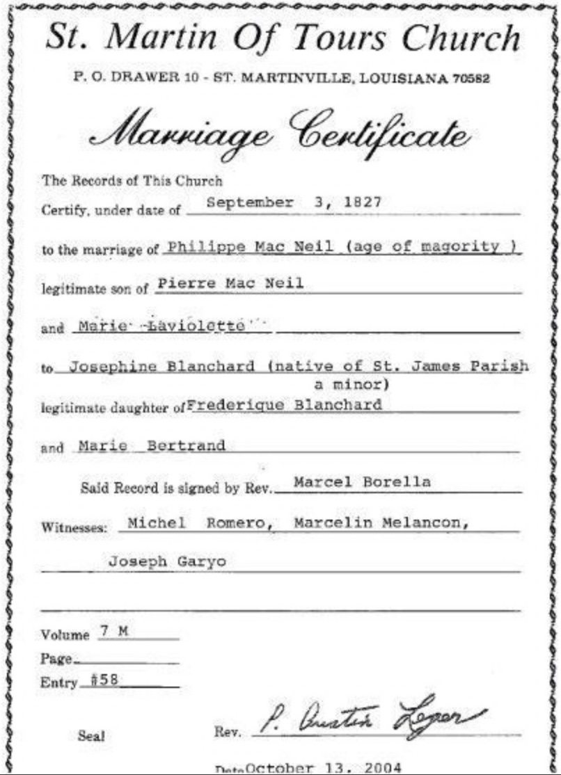 Philippe McNeil Marriage Certificate