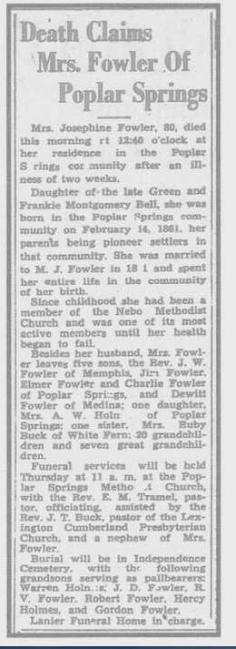 Eleanor Fowler - Newspaper Obituary