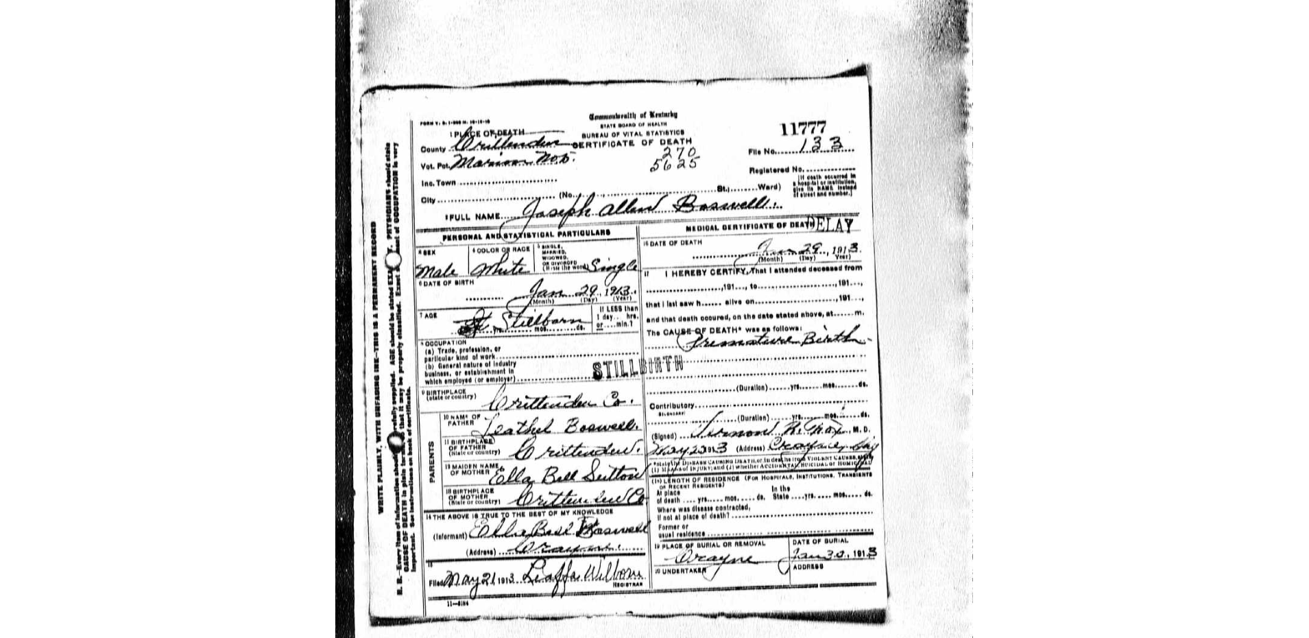 Joseph Allen Boswell Death Certificate