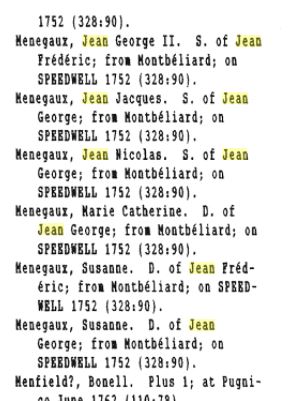 Jean Frederick Menegaux Family Entries, Nova Scotia Immigrants to 1867, Volume 1, P. 431, Leonard H. Smith