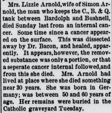 Death notice of Mrs. Lizzie Arnold 