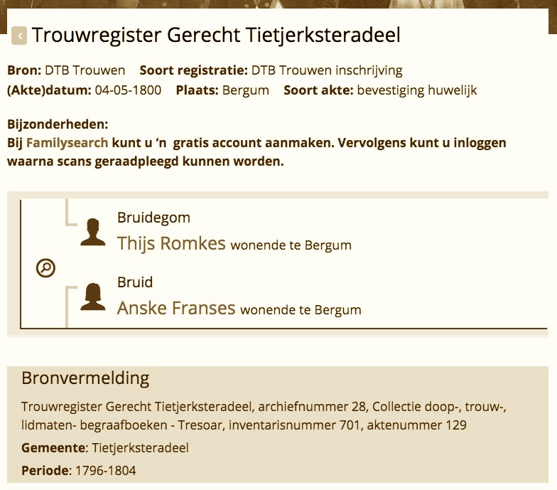 Thijs Romkes van der Veen & Anskjen Franses Venema ⚭ zijn getrouwd op zo 4 mei 1800 te Bergum