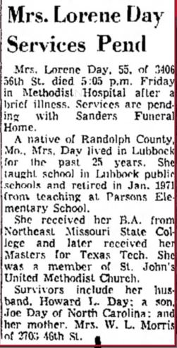 Loerene Summer Day Obituary in Lubbock Avalanche Journal, 19 Aug 1972