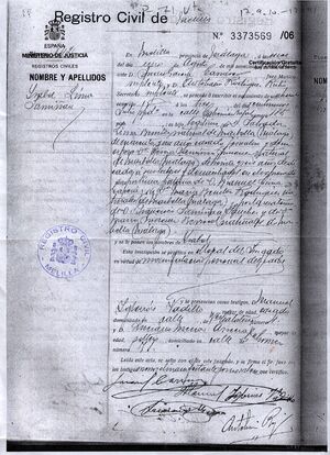Certificado de nacimiento de Isabel Lima Samiñan (1926) 1/2