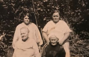 4 generation back left-Fern (Crissman) Howard, back right-Ethel (Clark) Crissman, front left-Minnie (Rynearson) Clark, front right-Charlotte (Crise) Rynearson