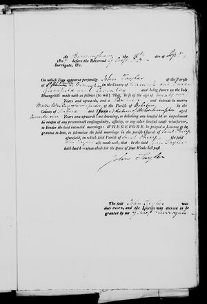 Marriage licence for John Taylor and Mary Willington, page 2