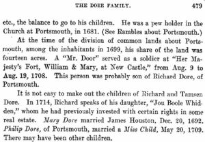 Richard Dore - ''History of Dover, NH. The Dore Family''