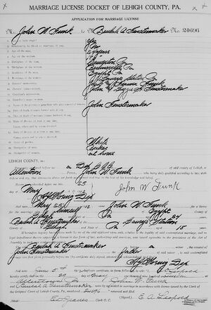 John W Funk and Beulah A Fenstermaker marriage certificate