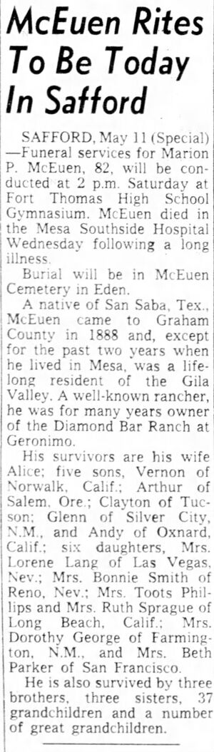 Obituary for Marion P. McEuen (1879-1962 · age 82) Tucson, Arizona · 12 May 1962