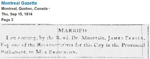 1814 Sep 14 - James Fraser Esq. & Miss Brownson - Montréal, Québec