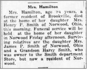 Elizabeth Hentz Hamilton Obit Brookville Democrat 28 Apr 1927
