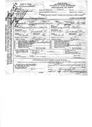 Birth Certificate of Mary Ellen Miles Faiver.