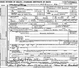 1961 Fannie Bell Hennen death certificate