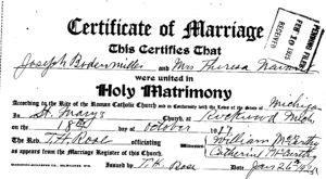 Marriage certificate of Joseph Bodenmiller and Mrs. Theresa Navarre from Joseph's pension record