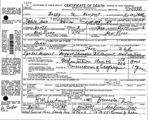 Certificate of death for Bennie Ulus Newport