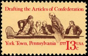 Drafting the Articles of Confederation. 13c stamp.