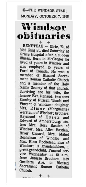  Ulric Beneteau - Obituary The Windsor Star Monday 7 Oct 1968 pg 6