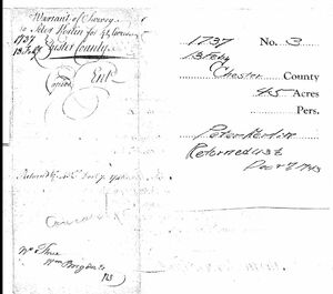 Peter Kerlin, Record of Warrant of Land Survey for 45 acres in Chester County, Pennsylvania, Feb 1737