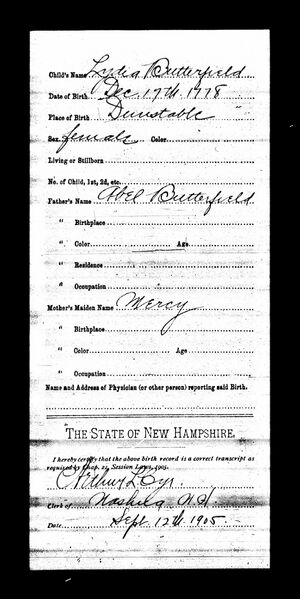 Birth Certificate - Lydia Butterfield