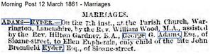 Marriage announcement for George Gammon Adams to Ellen Euphemia Ryder.